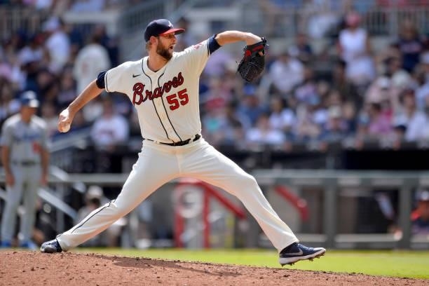 Chris Martin of the Atlanta Braves pitches against the Los Angeles Dodgers during the 8th inning at Truist Park on June 6, 2021 in Atlanta, Georgia.