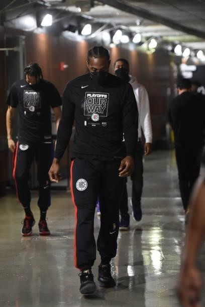 Kawhi Leonard of the LA Clippers walks on the court before the game against the Dallas Mavericks during Round 1, Game 7 of the 2021 NBA Playoffs on...