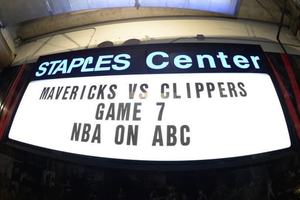 Shot of the marque at the STAPLES Center promoting Round 1, Game 7 of the 2021 NBA Playoffs between the Dallas Mavericks and LA Clippers on June 6,...