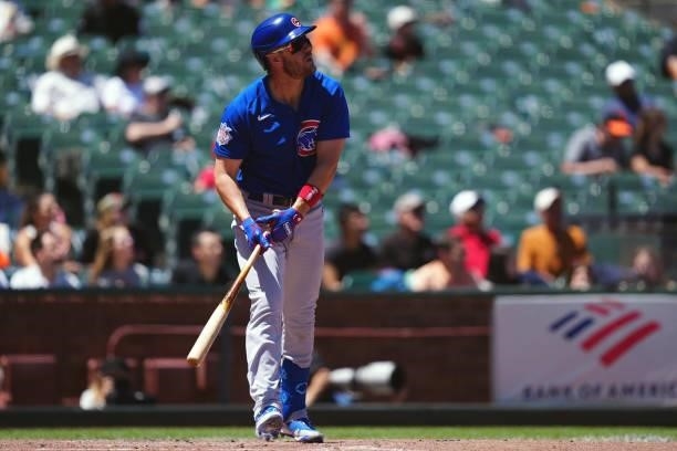 Patrick Wisdom of the Chicago Cubs hits his second home run during the game between the Chicago Cubs and the San Francisco Giants at Oracle Park on...