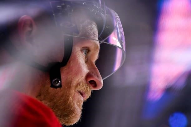 Corey Perry of the Montreal Canadiens skates prior to Game Three of the Second Round of the 2021 Stanley Cup Playoffs against the Winnipeg Jets at...