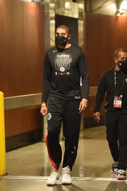 Nicolas Batum of the LA Clippers walks on the court before the game against the Dallas Mavericks during Round 1, Game 7 of the 2021 NBA Playoffs on...