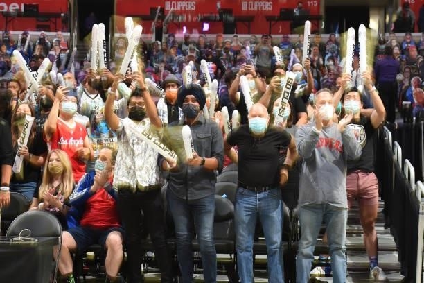 Clippers fans celebrate after the game against the Dallas Mavericks during Round 1, Game 7 of the 2021 NBA Playoffs on June 6, 2021 at STAPLES Center...