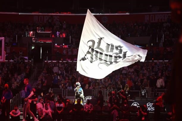 Clippers mascot, Chuck the Condor waves a flag during Round 1, Game 7 of the 2021 NBA Playoffs against the Dallas Mavericks on June 6, 2021 at...