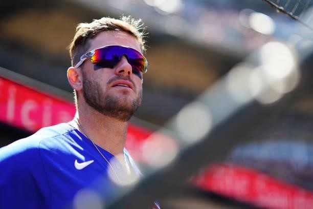 Patrick Wisdom waits in the dugout during the game between the Chicago Cubs and the San Francisco Giants at Oracle Park on Sunday, June 6, 2021 in...