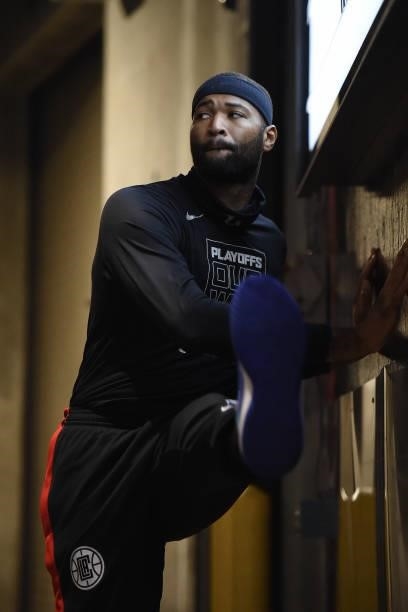 DeMarcus Cousins of the LA Clippers warms up before the game against the Dallas Mavericks during Round 1, Game 7 of the 2021 NBA Playoffs on June 6,...
