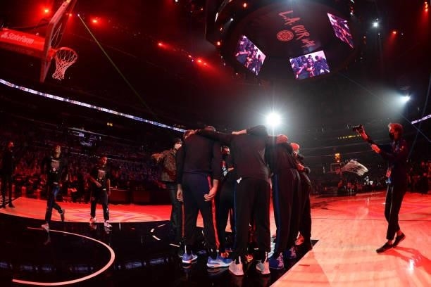 The LA Clippers huddle up before the game against the Dallas Mavericks during Round 1, Game 7 of the 2021 NBA Playoffs on June 6, 2021 at STAPLES...