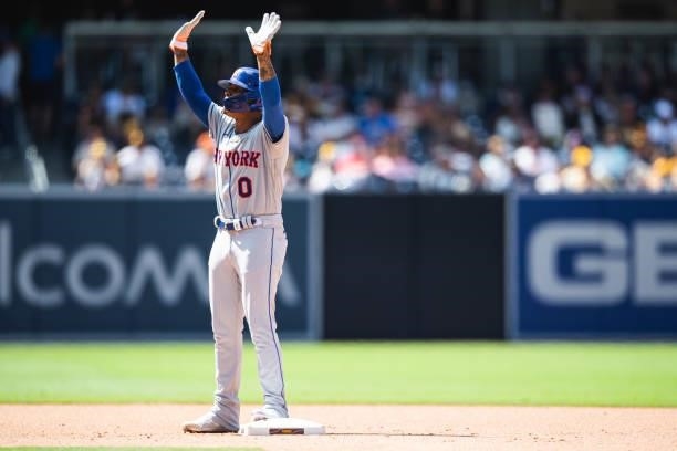 Marcus Stroman of the New York Mets celebrates after hitting an RBI double in the seventh inning against the San Diego Padres at Petco Park on June...