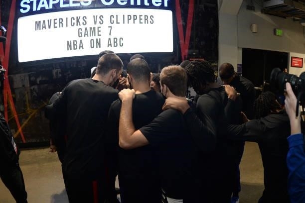 The LA Clippers huddle up before the game against the Dallas Mavericks during Round 1, Game 7 of the 2021 NBA Playoffs on June 6, 2021 at STAPLES...
