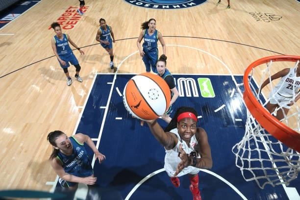 Elizabeth Williams of the Atlanta Dream drives to the basket against the Minnesota Lynx on June 6, 2021 at Target Center in Minneapolis, Minnesota....