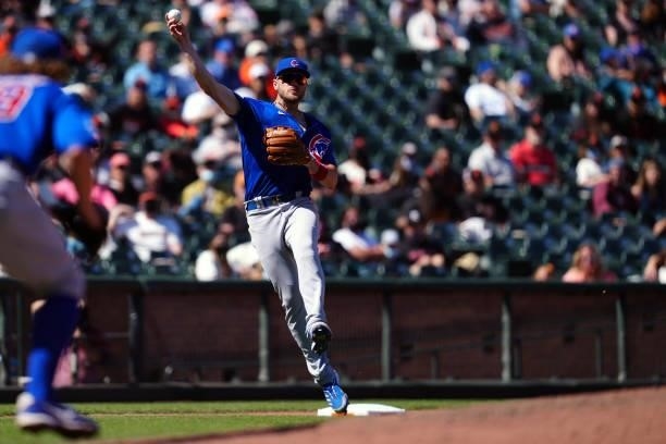 Patrick Wisdom of the Chicago Cubs throws the ball during the game between the Chicago Cubs and the San Francisco Giants at Oracle Park on Sunday,...