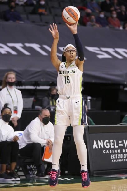 Allisha Gray of the Dallas Wings shoots the ball against the Seattle Storm on June 6, 2021 at the Angel of the Winds Arena in Everett, Washington....
