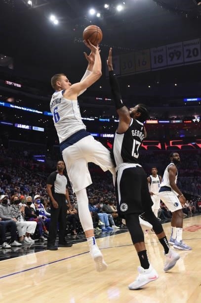 Kristaps Porzingis of the Dallas Mavericks shoots the ball against the LA Clippers during Round 1, Game 7 of the 2021 NBA Playoffs on June 6, 2021 at...
