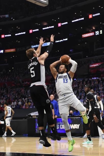 Jalen Brunson of the Dallas Mavericks passes the ball against the LA Clippers during Round 1, Game 7 of the 2021 NBA Playoffs on June 6, 2021 at...