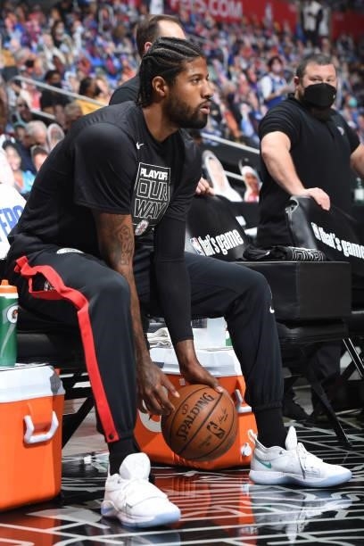 Paul George of the LA Clippers looks on before the game against the Dallas Mavericks during Round 1, Game 7 of the 2021 NBA Playoffs on June 6, 2021...