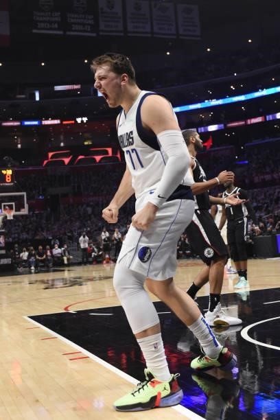 Luka Doncic of the Dallas Mavericks celebrates during Round 1, Game 7 of the 2021 NBA Playoffs on June 6, 2021 at STAPLES Center in Los Angeles,...