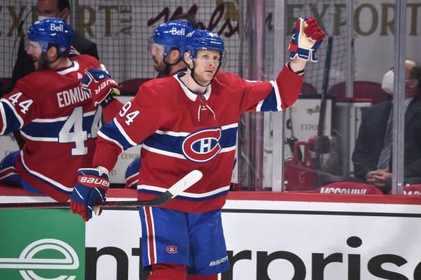 Corey Perry of the Montreal Canadiens reacts as he celebrates his goal against the Winnipeg Jets during the first period in Game Three of the Second...