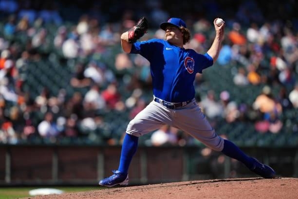 Andrew Chafin of the Chicago Cubs pitches during the game between the Chicago Cubs and the San Francisco Giants at Oracle Park on Sunday, June 6,...
