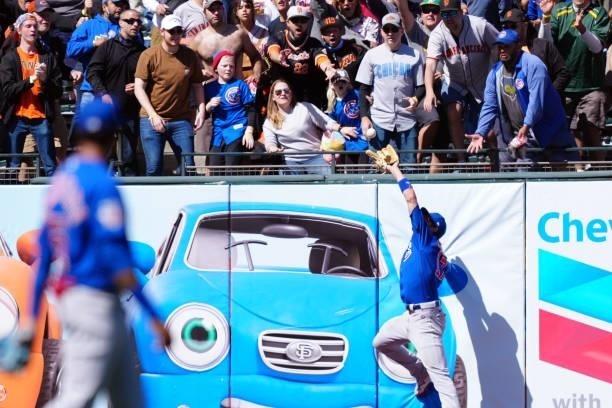 Kris Bryant of the Chicago Cubs robs a home run during the game between the Chicago Cubs and the San Francisco Giants at Oracle Park on Sunday, June...