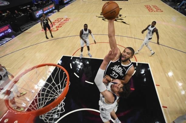 Nicolas Batum of the LA Clippers dunks the ball against the Dallas Mavericks during Round 1, Game 7 of the 2021 NBA Playoffs on June 6, 2021 at...