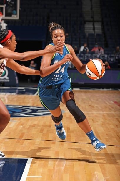 Napheesa Collier of the Minnesota Lynx drives to the basket against the Atlanta Dream on June 6, 2021 at Target Center in Minneapolis, Minnesota....