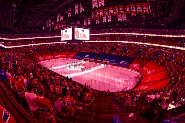 General view during the singing of the national anthem between the Montreal Canadiens and the Winnipeg Jets in Game Three of the Second Round of the...