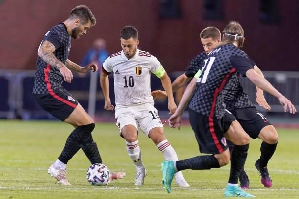 Eden Hazard of Belgium competes for the ball during the international friendly match between Belgium and Croatia at King Baudouin Stadium on June 6,...