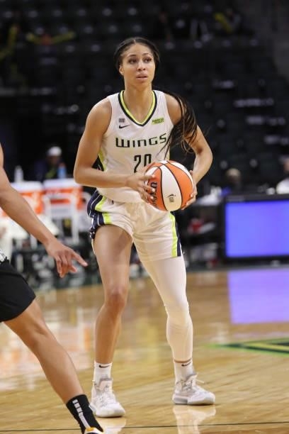 Isabelle Harrison of the Dallas Wings handles the ball against the Seattle Storm on June 6, 2021 at the Angel of the Winds Arena in Everett,...