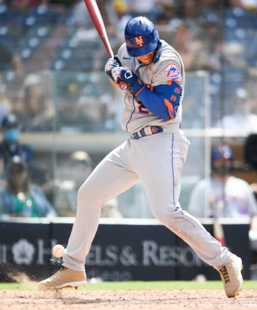 Pete Alonso of the New York Mets is hit with a pitch during the eighth inning against San Diego Padres at Petco Park on June 6, 2021 in San Diego,...