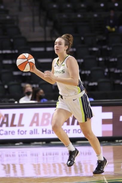 Marina Mabrey of the Dallas Wings handles the ball against the Seattle Storm on June 6, 2021 at the Angel of the Winds Arena in Everett, Washington....
