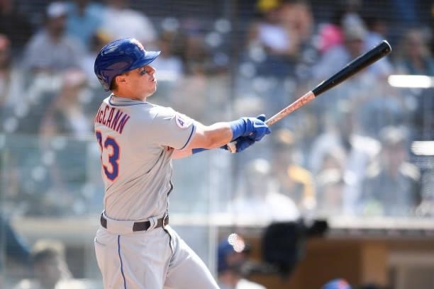 James McCann of the New York Mets hits a two-run home run in the eighth inning against San Diego Padres at Petco Park on June 6, 2021 in San Diego,...