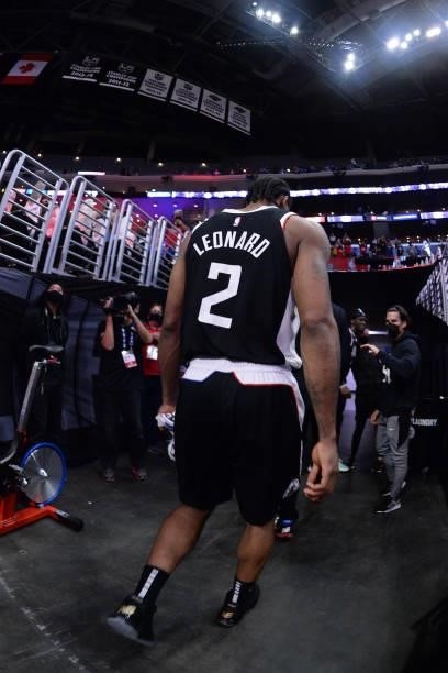 Kawhi Leonard of the LA Clippers walks off the court after the game against the Dallas Mavericks during Round 1, Game 7 of the 2021 NBA Playoffs on...
