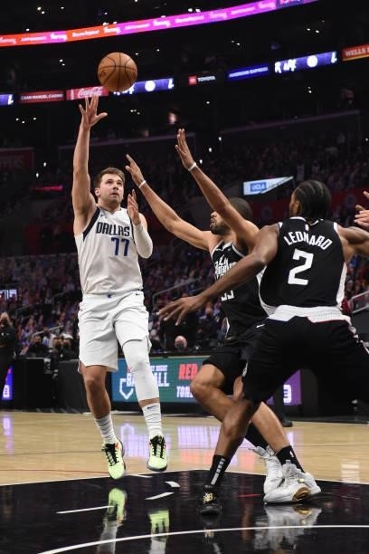 Luka Doncic of the Dallas Mavericks shoots the ball against the LA Clippers during Round 1, Game 7 of the 2021 NBA Playoffs on June 6, 2021 at...