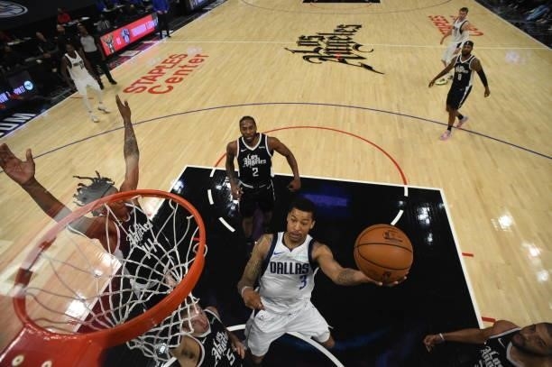 Trey Burke of the Dallas Mavericks shoots the ball against the LA Clippers during Round 1, Game 7 of the 2021 NBA Playoffs on June 6, 2021 at STAPLES...