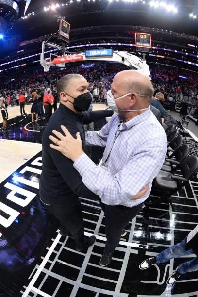 Head Coach Tyronn Lue and Owner Steve Ballmer of the Los Angeles Clippers embrace after the game against the Dallas Mavericks during Round 1, Game 7...
