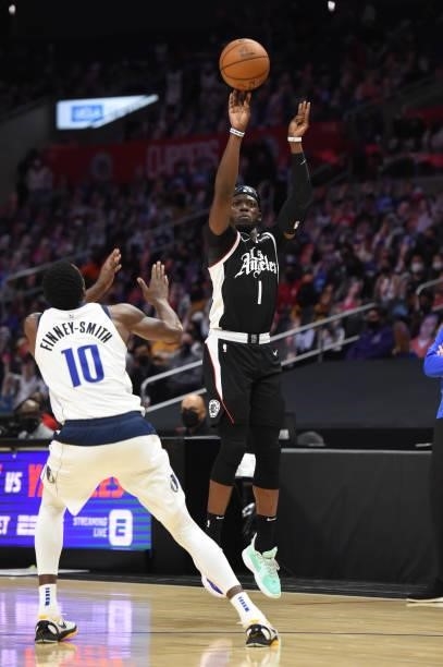 Reggie Jackson of the LA Clippers shoots the ball against the Dallas Mavericks during Round 1, Game 7 of the 2021 NBA Playoffs on June 6, 2021 at...
