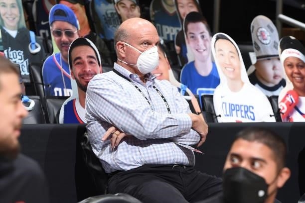 Owner Steve Ballmer of the LA Clippers looks on during Round 1, Game 7 of the 2021 NBA Playoffs between the Dallas Mavericks and the LA Clippers on...