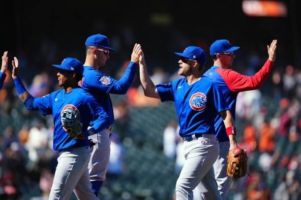 The Chicago Cubs celebrate after the game between the Chicago Cubs and the San Francisco Giants at Oracle Park on Sunday, June 6, 2021 in San...