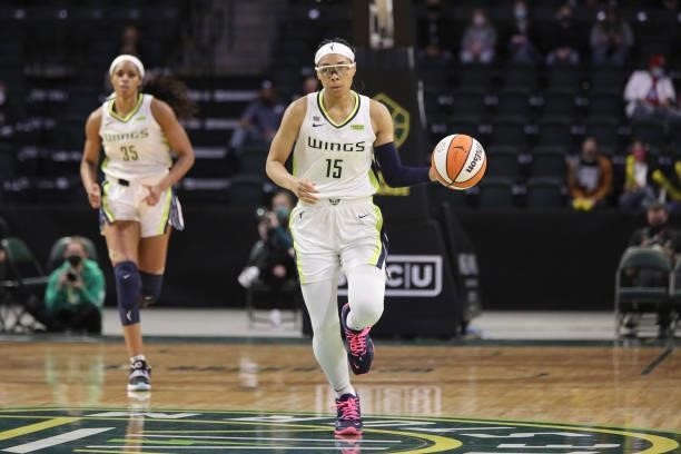 Allisha Gray of the Dallas Wings handles the ball against the Seattle Storm on June 6, 2021 at the Angel of the Winds Arena in Everett, Washington....