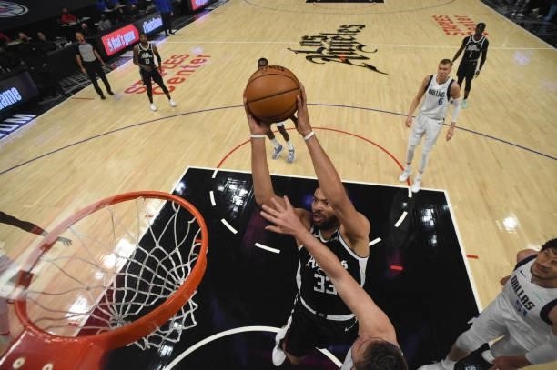 Nicolas Batum of the LA Clippers shoots the ball against the Dallas Mavericks during Round 1, Game 7 of the 2021 NBA Playoffs on June 6, 2021 at...