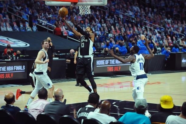 Paul George of the LA Clippers shoots the ball against the Dallas Mavericks during Round 1, Game 7 of the 2021 NBA Playoffs on June 6, 2021 at...