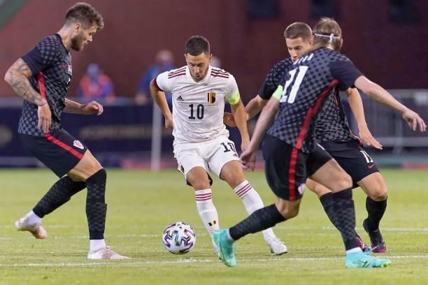 Eden Hazard of Belgium competes for the ball during the international friendly match between Belgium and Croatia at King Baudouin Stadium on June 6,...