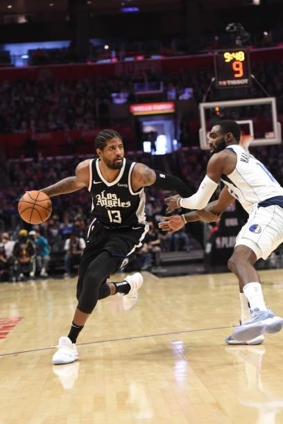 Paul George of the LA Clippers drives to the basket against the Dallas Mavericks during Round 1, Game 7 of the 2021 NBA Playoffs on June 6, 2021 at...
