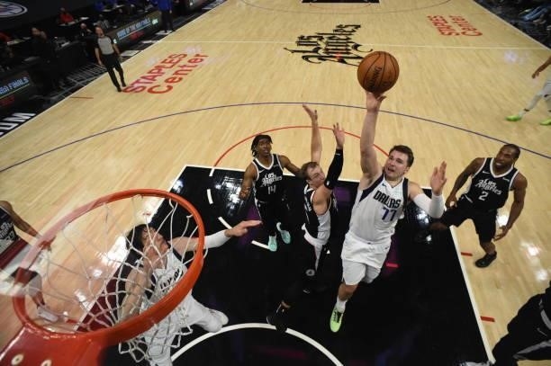 Luka Doncic of the Dallas Mavericks shoots the ball against the LA Clippers during Round 1, Game 7 of the 2021 NBA Playoffs on June 6, 2021 at...