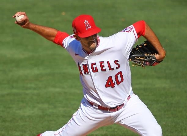 Steve Cishek of the Los Angeles Angels pitches in the ninth inning against the Seattle Mariners at Angel Stadium of Anaheim on June 6, 2021 in...
