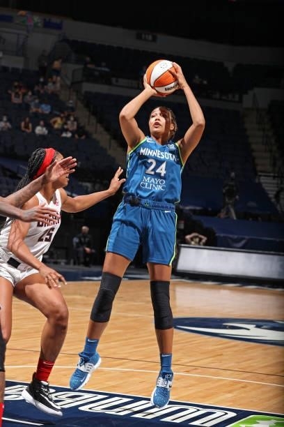 Napheesa Collier of the Minnesota Lynx shoots the ball against the Atlanta Dream on June 6, 2021 at Target Center in Minneapolis, Minnesota. NOTE TO...