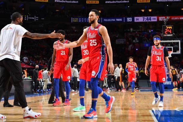 Ben Simmons of the Philadelphia 76ers high-fives teammates during a game against the Atlanta Hawks during Round 2, Game 1 of the Eastern Conference...