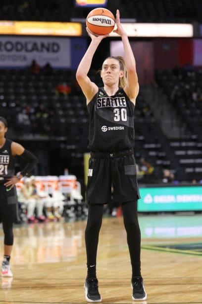 Breanna Stewart of the Seattle Storm shoots a free throw against the Dallas Wings on June 6, 2021 at the Angel of the Winds Arena in Everett,...