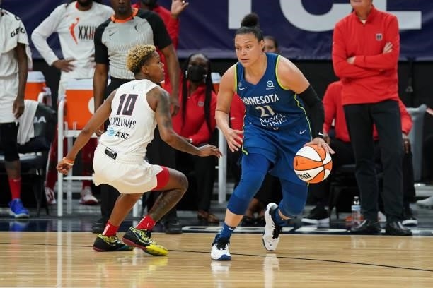 Kayla McBride of the Minnesota Lynx drives to the basket during the game against the Atlanta Dream on June 6, 2021 at Target Center in Minneapolis,...