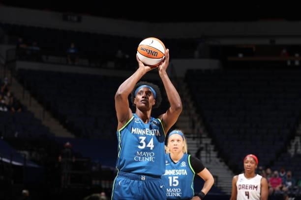 Sylvia Fowles of the Minnesota Lynx shoots a free throw against the Atlanta Dream on June 6, 2021 at Target Center in Minneapolis, Minnesota. NOTE TO...